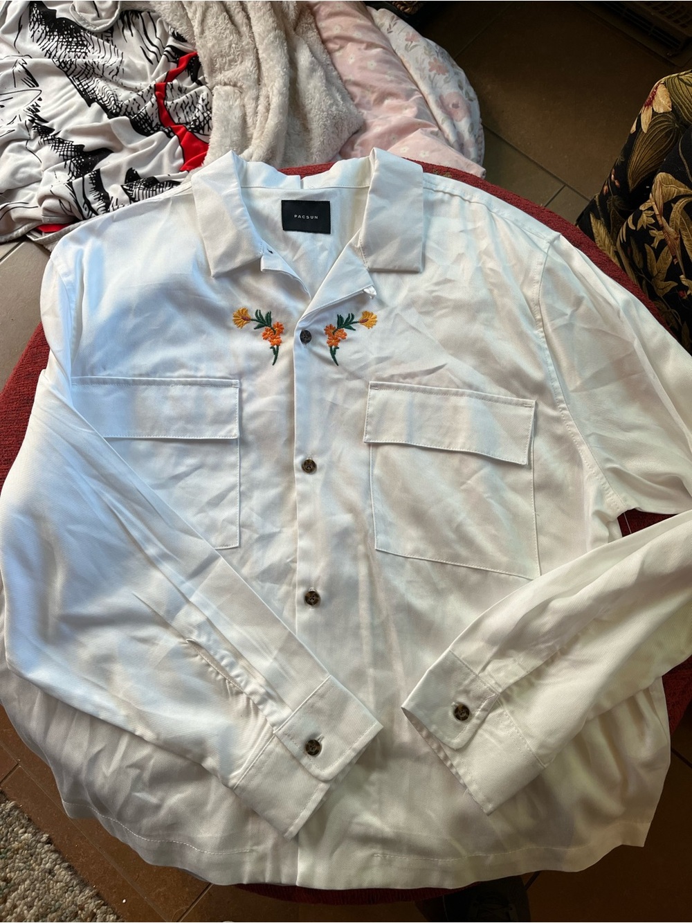 PacSun Men’s White Utility Shirt with Yellow & Orange Floral Embroidery